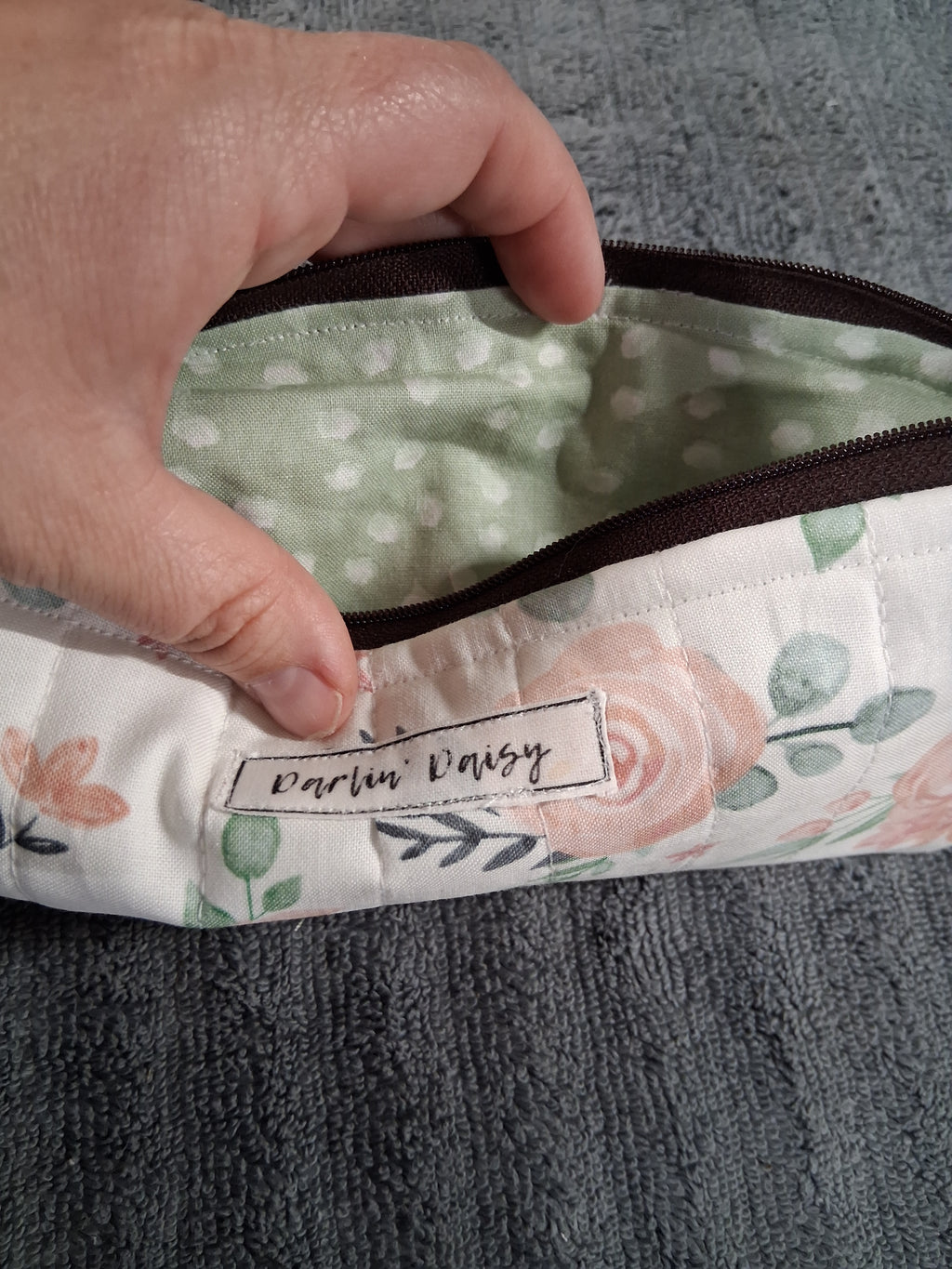 The Gracie Pencil Pouch / Green Polka Dot / Pencil Organizer / Brown Zipper
