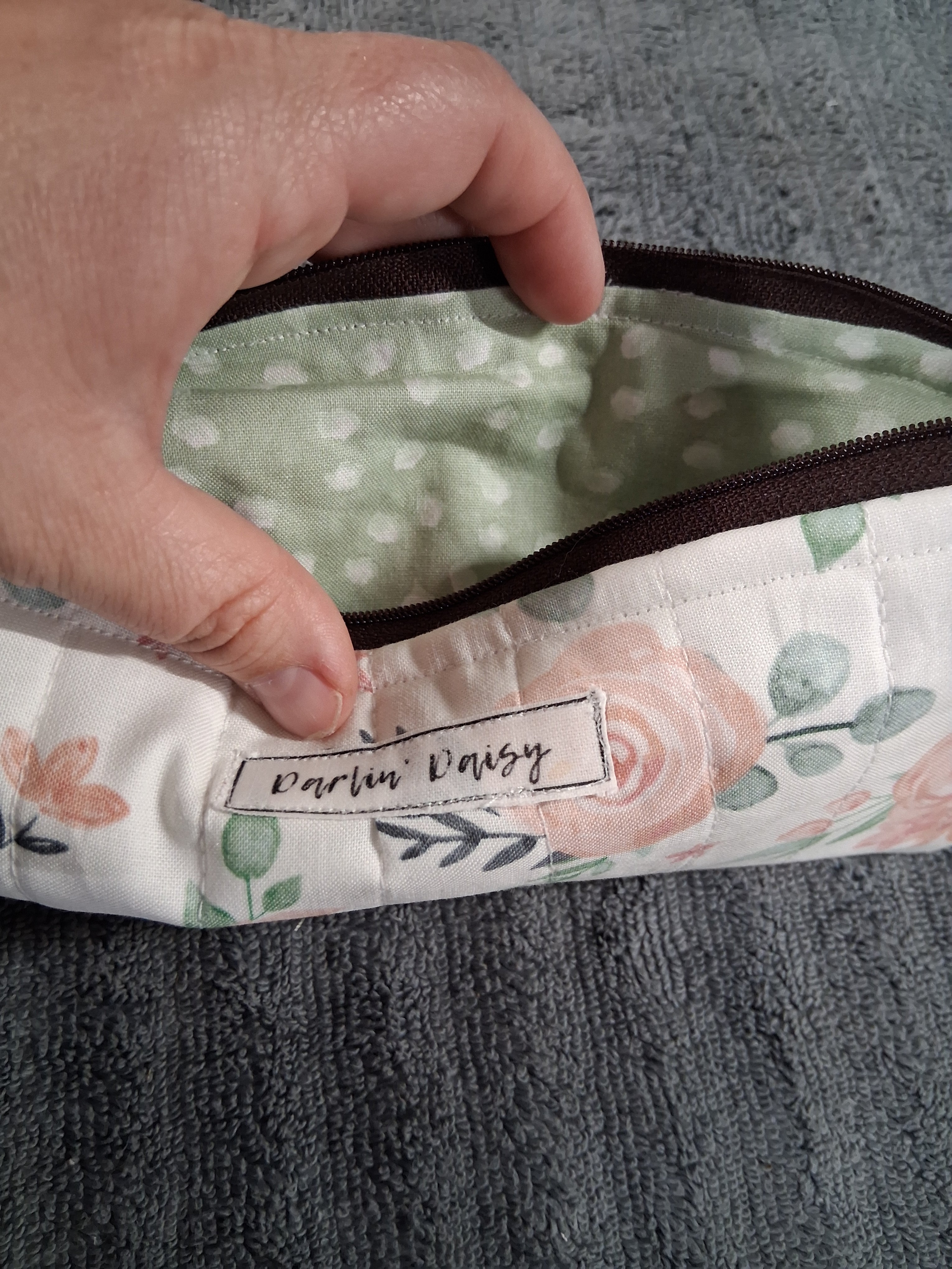 The Gracie Pencil Pouch / Green Polka Dot / Pencil Organizer / Brown Zipper